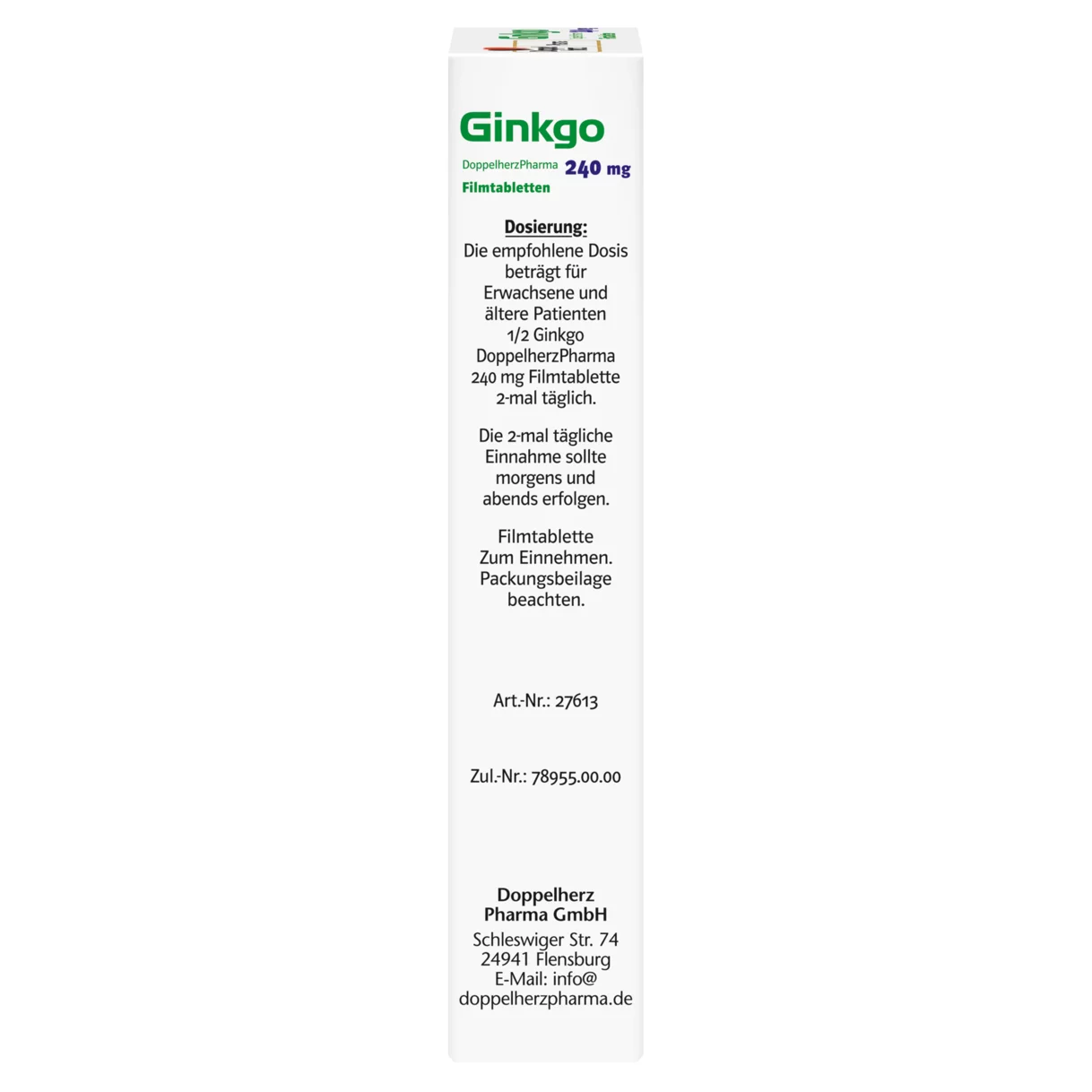 Abbildung der Produktverpackung DoppelherzPharma Ginkgo DoppelherzPharma 240 mg Filmtabletten Seitenansicht links